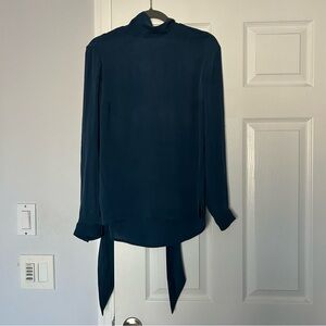 Claudia starter 100% silk Elegant Navy Blue Women's Top long sleeve bow tie S